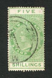 NEW ZEALAND 1882 Victoria 1st Long Type Postal Fiscal 5/- Green. Postally used. - 74679 - FU