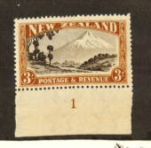 NEW ZEALAND 1935 Pictorial 3/- Black and Brown. Perf 14-13 x 13.5.  With Plate Number attached. Very lightly hinged. - 74686 - L