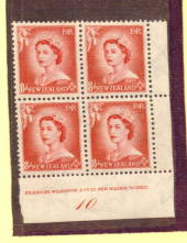 NEW ZEALAND 1954 Elizabeth 2nd Definitive 8d Rose-Carmine. Plate Block 10. Block of 4. - 74712 - UHM