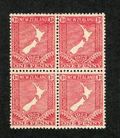 NEW ZEALAND 1923 1d Map. Block of 4 with flaw on the E in the lower right stamp. Top two stamps very lightly hinged. - 74830 - M