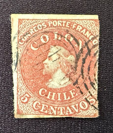 CHILE 1853 Definitive 5c Red-Brown on blued paper. - 74923 - Used