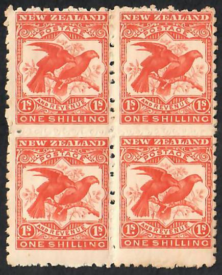 NEW ZEALAND 1898 Pictorial 1/- Bright Orange-Red. First Local Issue on Unwatermarked Paper. Perf 11. Block of 4. - 75009