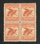NEW ZEALAND 1898 Pictorial 1/- Dull Brown-Red. First Local Issue on Unwatermarked Paper. Perf 11. Block of 4. One never hinged.