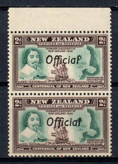 NEW ZEALAND 1940 Centennial Official 2d Abel Tasman. Joined FF in pair with normal. Post Office fresh and clean. - 75035 - UHM