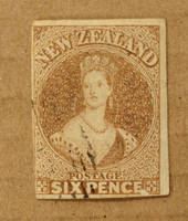 NEW ZEALAND 1855 Full Face Queen 6d Pale Brown. White paper. No watermark. Three big margins, cut along the left frame. Superb p