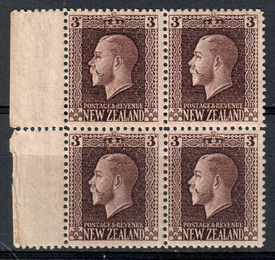NEW ZEALAND 1915 Geo 5th Definitive 3d Chocolate Recess. Block of 4. - 75071 - UHM