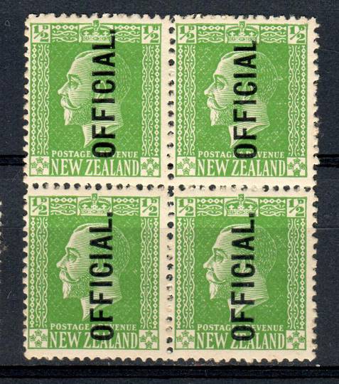 NEW ZEALAND 1915 Geo 5th Official ½d Green in block of 4 with the listed No Stop variety. Only one stamp lightly hinged (not the