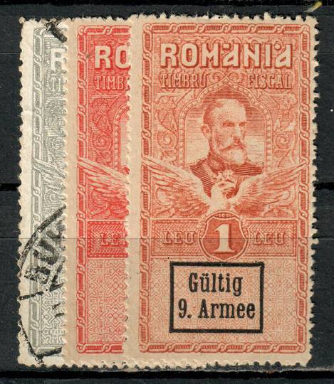 GERMAN OCCUPATION of ROMANIA 1918 Ninth Army Post overprints on Romania Revenues. Set of 3. Includes abeautiful used copy with p