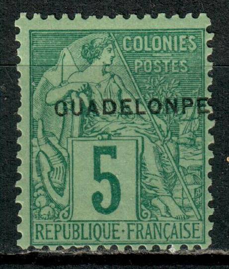 GUADELOUPE 1891 Definitive Surcharge on Type J of French Colonies (General Issues) 5c Green on pale green. Error GUADELONPE. - 7