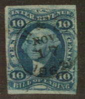 USA 1862 Bill of Lading 10 Blue. Imperf. Just touching lower left otherwise superb margins. - 76103 - VFU