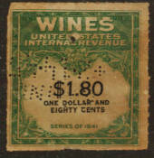 USA 1941 Internal Revenue Wines $1.80 Green and Black. Perfin. - 76109 - Fiscal