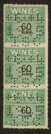 USA 1941 Internal Revenue Wines 60c Green and Black. Perfin. Strip of 3. - 76117 - Fiscal
