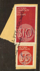 VICTORIA 1966 Stamp Duty $5 Red and $10 Purple on Piece. - 76161 - Fiscal