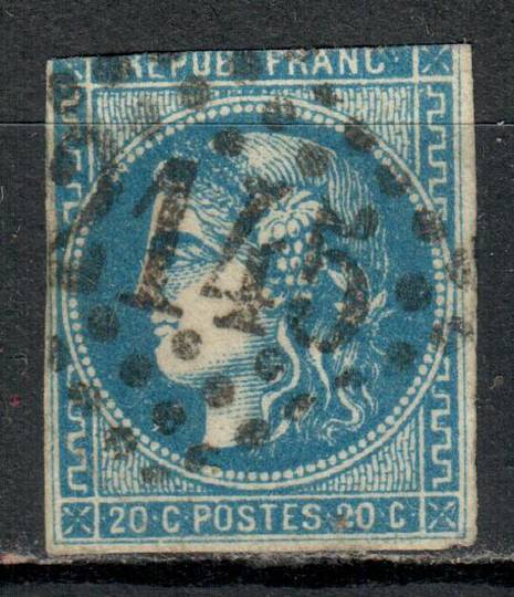 FRANCE 1870 Definitive 20c Blue. Litho at Bordeaux, which was the seat of French Government during the Seige of Paris. 2 good ma