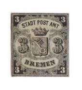 BREMEN 1855 Definitive 3gr Black on blue. Vertical Laid Paper. Die 2. Four good margins. Some adhesion and not much gum. From th