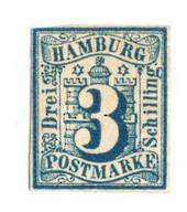 HAMBURG 1859 Definitive 3s Prussian Blue. No gum. Three good margins and most of the fourth. From the collection of H Pies-Lintz
