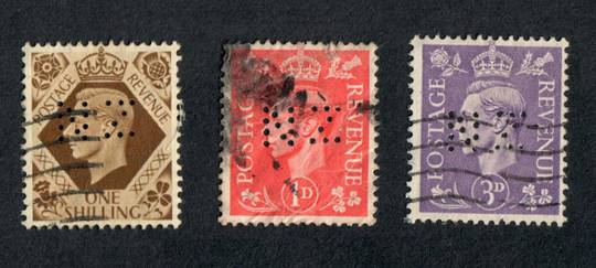 GREAT BRITAIN 1938 Geo 6th Definitives 1d 3d and 1/- perfinned by the New Zealand High Commission London. - 77501 -