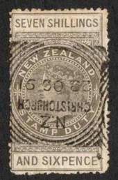 NEW ZEALAND 1882 Victoria 1st Long Type Fiscal 7/6d Grey. Postally used. Christchurch. Squared Circle cancel 22/6/1891. - 79081