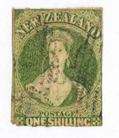 NEW ZEALAND 1855 Full Face Queen 1/- Yellow-Green. Roulette 7 at Auckland. Roulettes visible top and bottom only. One rounded co