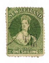 NEW ZEALAND 1862 Full Face Queen 1/- Deep Green. Perf 13 at Dunedin . Light cancel off face, but dull corners detract. - 79150 -