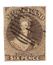 NEW ZEALAND 1862 Full Face Queen 6d Black-Brown. Pelure paper. Imperf. Nice copy touching in places. Light bars cancel frames th
