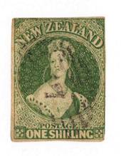NEW ZEALAND 1862 Full Face Queen 1/- Deep Green. Pelure paper. Imperf. Superb copy not quite touching top left. Light cancel. -