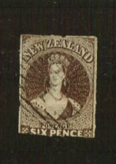 NEW ZEALAND 1862 Full Face Queen 6d Black-Brown. Pelure paper. Roulette 7 at Auckland. Superb copy not quite touching top left.