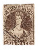 NEW ZEALAND 1862 Full Face Queen 6d Black-Brown Imperf.Watermark Large Star. Four margins. Bars cancel detracts. - 79219 - Used