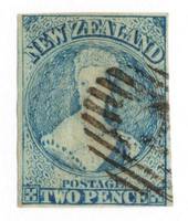 NEW ZEALAND 1864 Full Face Queen 2d Pale Blue. Plate 1 worn. Watermark NZ. Imperf. Four excellent margins. Bars cancel over face
