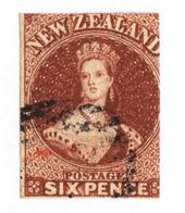 NEW ZEALAND 1864 Full Face Queen 6d Red-Brown.  Watermark NZ. Imperf. Cut square. Two margins. Cancel off face. - 79281 - FU