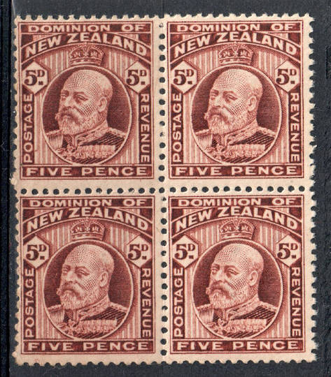 NEW ZEALAND 1909 Edward 7th 5d Deep Brown  Perf 14x13½. Block of 4. - 79568 - UHM