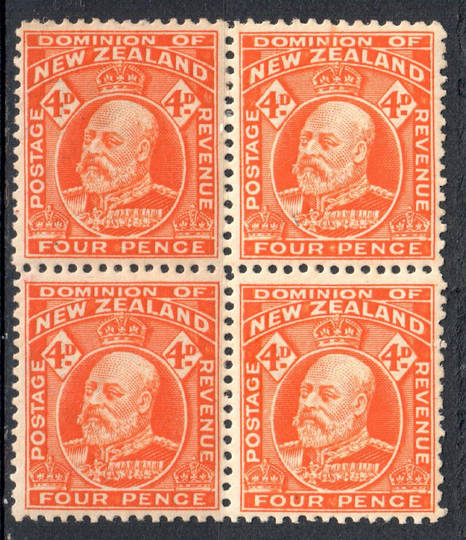 NEW ZEALAND 1909 Edward 7th 4d Red-Orange. Block of 4. 2 perf pair. THIS ITEM must be sold with a scan and my written guarantee.