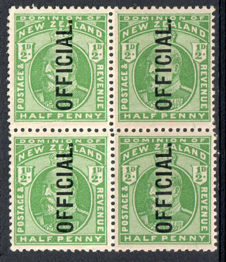 NEW ZEALAND 1909 Edward 7th Official ½d Green. Block of 4. Two hinged. - 79610 - UHM