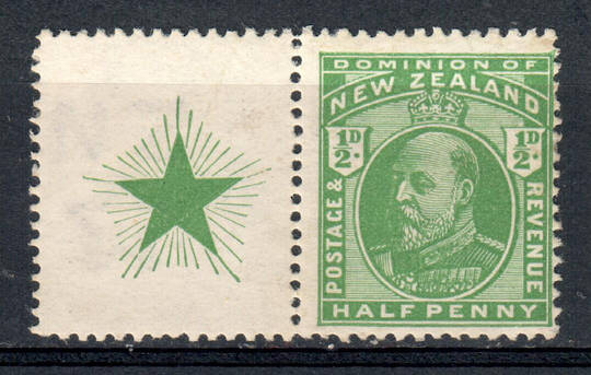 NEW ZEALAND 1909 Edward 7th Definitive ½d Green. Booklet stamp with star on side selvedge. - 79619 - UHM