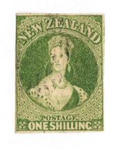 NEW ZEALAND 1855 Full Face Queen 1/- Green. Imperf. Watermark Large Star. Three clear margins. Touching top left but the frame i