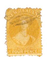 NEW ZEALAND 1862 Full Face Queen 4d Yellow. Perf 12½. Light cancel partly covers face. - 79748 - FU