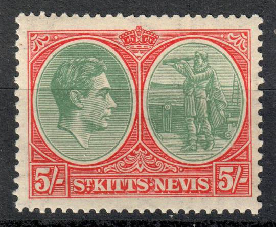 ST KITTS 1938 Geo 6th Definitive 5/- Grey-Green and Scarlet.  Perf 13x12. - 8258 - UHM