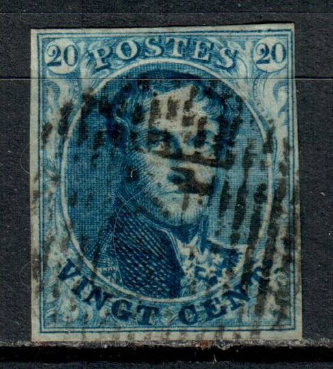 BELGIUM 1849 Definitive 20c Blue. Four margins. Typically heavy postmark. Issued 10/8/1850. - 89261 - Used