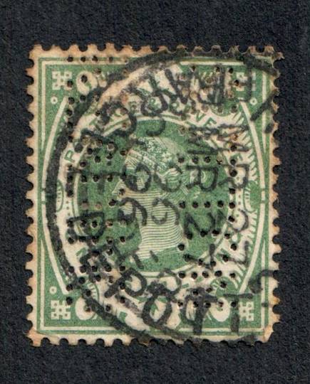 GREAT BRITAIN 1887 Victoria 1st Jubilee 1/- Green. Perfin SUTTON READING. Postmark PARCELS DEPOT. - 9008 - FU