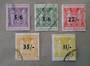 NEW ZEALAND 1939 Surcharges on fiscals set of 5. All postally used. Some slight perf imperfections but no thins. A fine set.Cat