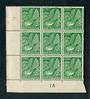 NEW ZEALAND 1935 Pictorial ½d Green. Block of 9 including Row 8/1 Clematis Flaw and Row 8/3 Flaw beneath the ½d . Toning on the