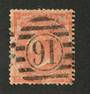 GREAT BRITAIN 1862 4d Bright Red. A few nibbled perfs. Small thin. Postmark 91 in circle in bars. - 70415 - Used