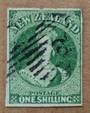 NEW ZEALAND 1855 Full Face Queen 1/- Green. Watermark NZ. Four margins. Medium-Light postmark but it does cover the face. - 7163