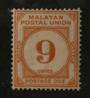 MALAYAN POSTAL UNION 1945 Postage Due 9c Yellow-Orange. Perf 15x14. Gum aging but not toned. - 72039 - UHM