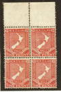NEW ZEALAND 1923 Map 1d Red. Block of 4. De la Rue Printing. - 74748 - UHM