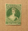 NEW ZEALAND 1855 Full Face Queen 1/- Green. Imperf. 4 large margins except touching at lower right. Very light cancel. - 75056 -