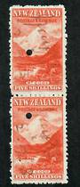 NEW ZEALAND 1898 Pictorial 5/- Red on Cowan paper. Watermark Sideways Inverted. Fiscally used pair. - 75248 - Fiscal
