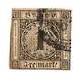 BADEN 1851 Definitive 1kr Black on buff. Mostly four margins but touching at the bottom where there is a slight thin. Outer fram