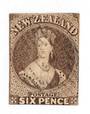 NEW ZEALAND 1862 Full Face Queen 6d Black-Brown. Pelure paper. Imperf. Nice copy cut square mostly touching. Very light cancel.