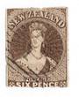 NEW ZEALAND 1862 Full Face Queen 6d Black-Brown Imperf.Watermark Large Star. Four margins. Bars cancel detracts. - 79219 - Used